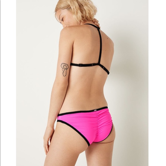 NWT PINK Victoria’s Secret Neon Pink Shirred Swim Bottoms with Black Piping